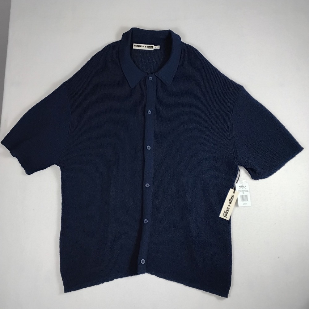 Sage + Steel Mens XXL Navy Blue Knit Polo Shirt Button Down Textured NWT